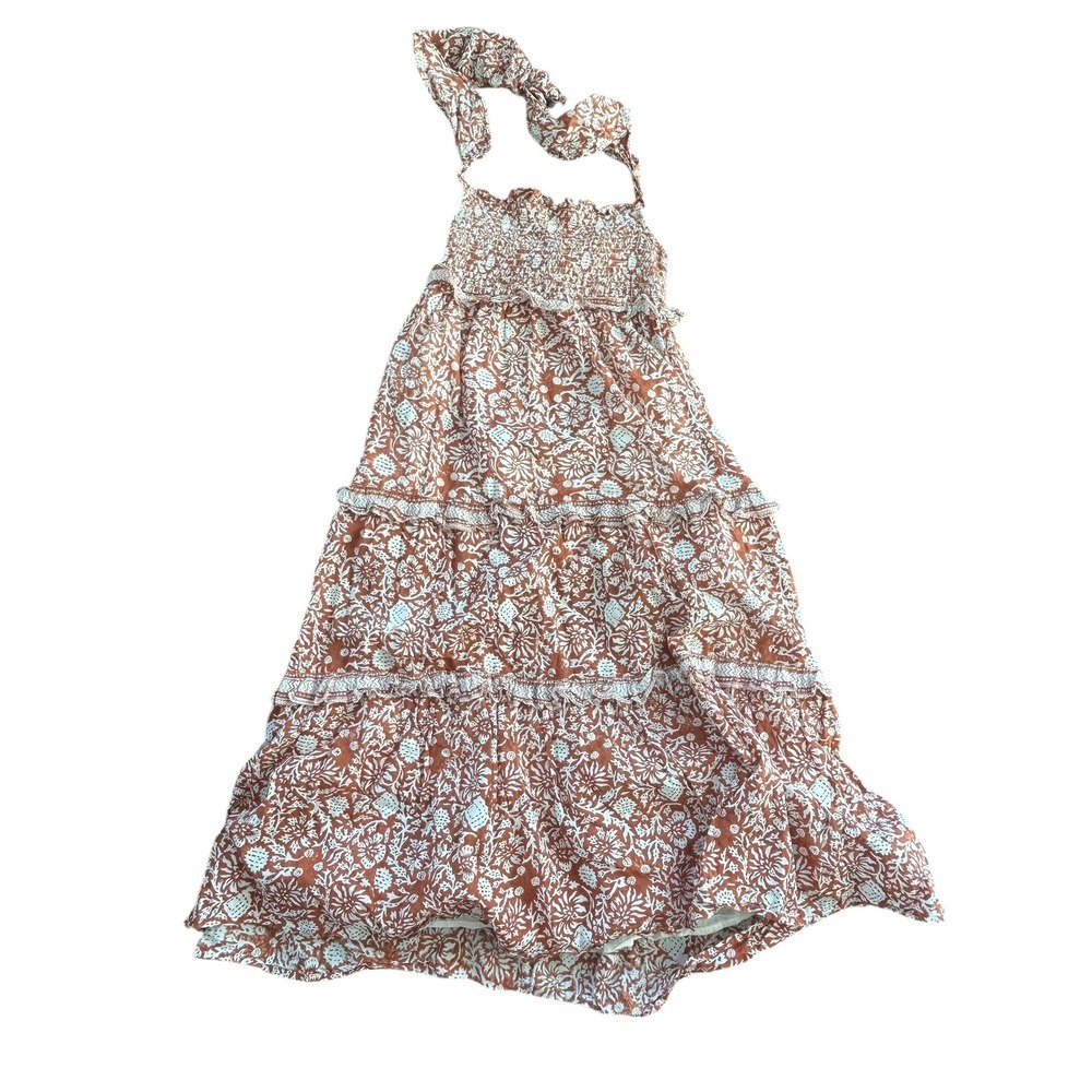 Cleobella Smocked Tiered Maxi Dress Floral Print Rust White XS‎ Haltet Neck
